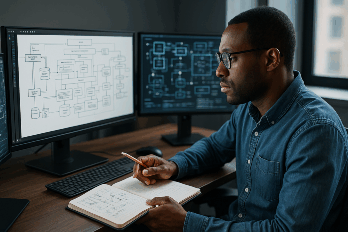 Profissional analisando diagramas em múltiplos monitores e fazendo anotações, simbolizando a transformação da arquitetura de sistemas com visão e aprendizado.