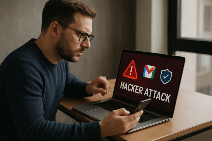 Representação realista de usuário protegendo sua conta contra um ataque hacker ao Gmail, destacando a importância da segurança digital.
