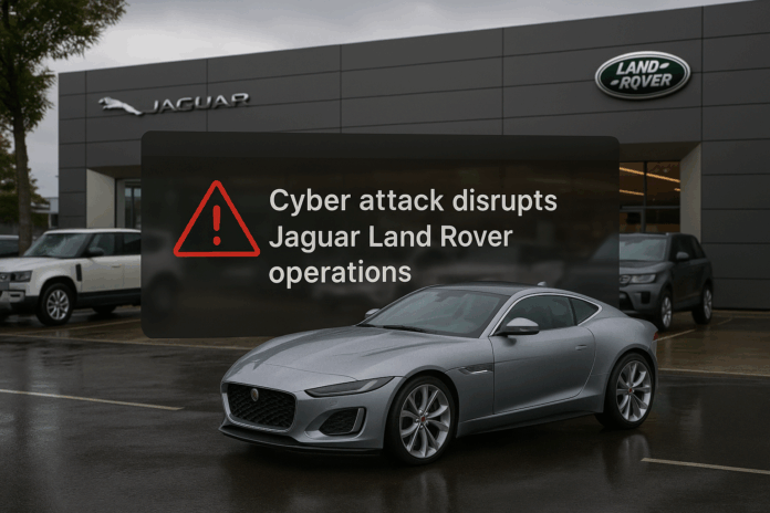 Jaguar Land Rover concessionária com veículos estacionados após ataque cibernético que paralisou vendas e operações globais.