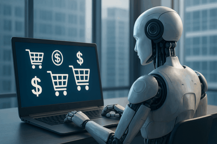 Comércio digital representado por um robô de inteligência artificial operando um computador com ícones de carrinhos de compras e cifrões.