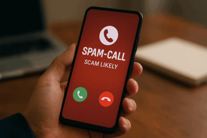 Anatel ilustra bloqueio de telemarketing com consumidor segurando celular que exibe alerta de spam-call em tela vermelha.