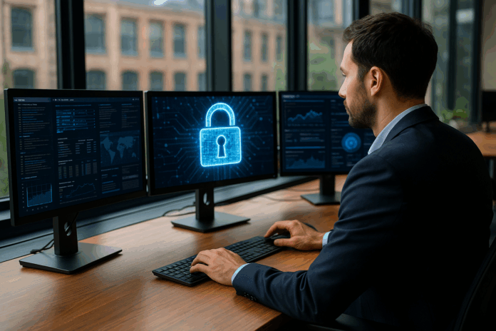 Profissional de tecnologia analisando dados de segurança digital em múltiplos monitores em um escritório moderno, representando certificações em cibersegurança.