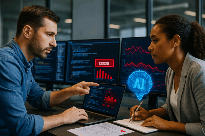 Dois desenvolvedores de software analisando erros em gráficos e códigos enquanto discutem diante de holograma de IA, simbolizando motores de IA e o abalo no setor de software.