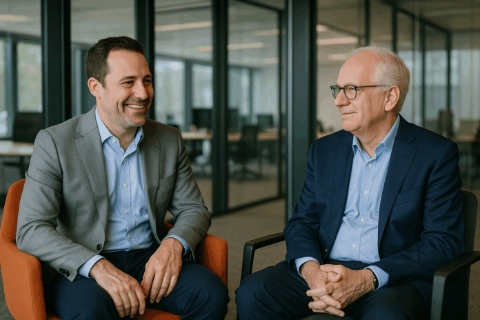 Dois executivos conversando em um escritório moderno, representando debates estratégicos sobre o papel do CIO em 2025 em um ambiente corporativo realista.