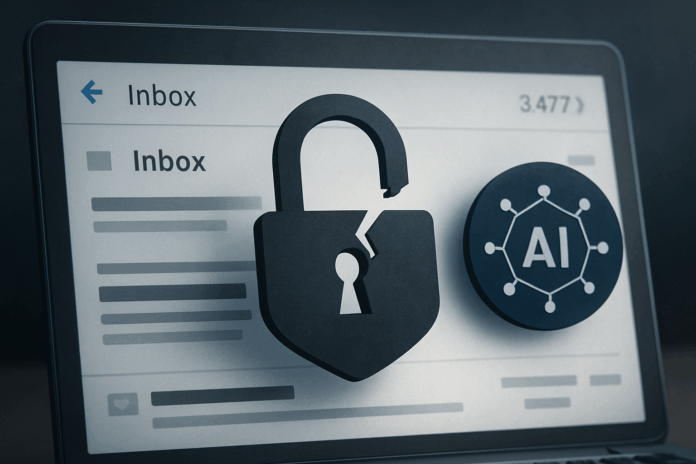 Tela de computador exibindo caixa de entrada de e-mails com cadeado quebrado, simbolizando ataque cibernético que explora o ChatGPT para acessar dados.