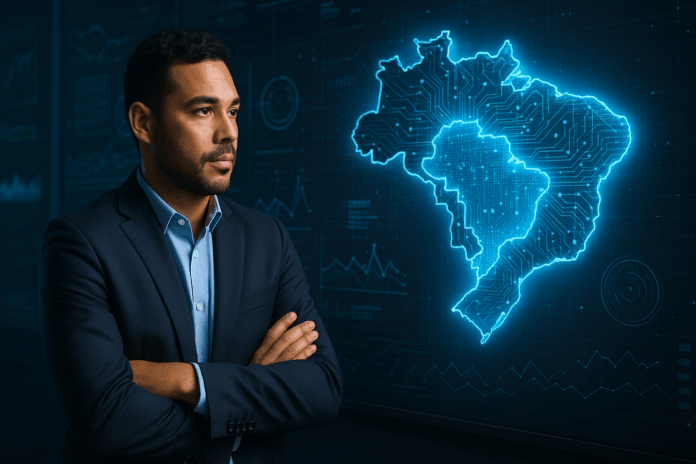Empresário brasileiro diante de holograma digital do mapa do Brasil, simbolizando Brasil e a nova era digital como uma oportunidade estratégica.