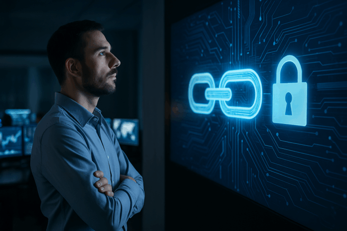 Profissional de cibersegurança observando holograma de corrente e cadeado digital, simbolizando o elo mais fraco ou o pilar mais forte e a necessidade de repensar o risco humano na cibersegurança.