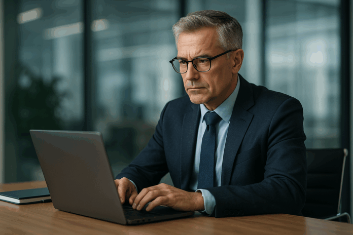 Executivo em escritório utilizando laptop, representando letramento em Inteligência Artificial no ambiente corporativo.