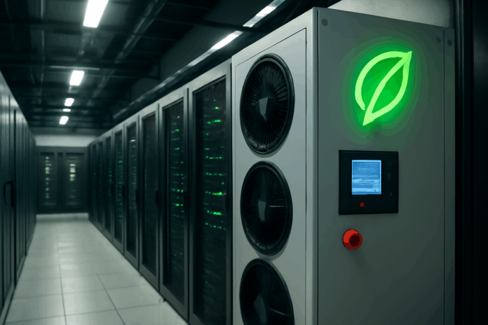 Data center moderno com servidores de alta performance, destacando soluções de resfriamento ecológicas e eficientes para garantir a sustentabilidade e eficiência energética em data centers.