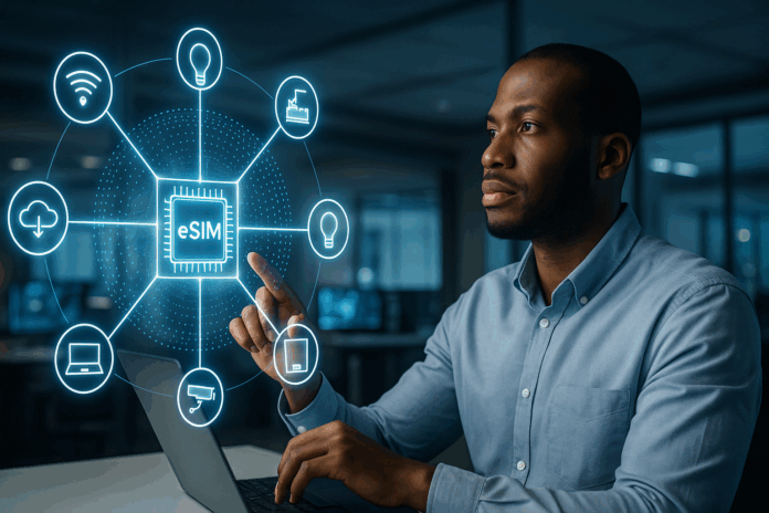 Profissional interagindo com holograma de chip eSIM conectado a múltiplos dispositivos inteligentes, simbolizando o SGP.32 como novo padrão eSIM IoT que viabiliza a massificação do IoT.