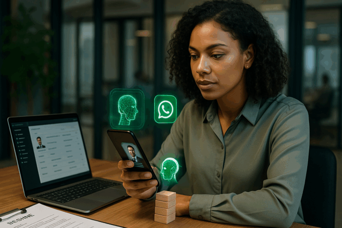 Jovem recrutadora usando IA no WhatsApp para entrevistas, simbolizando a revolução silenciosa do recrutamento com inteligência artificial.