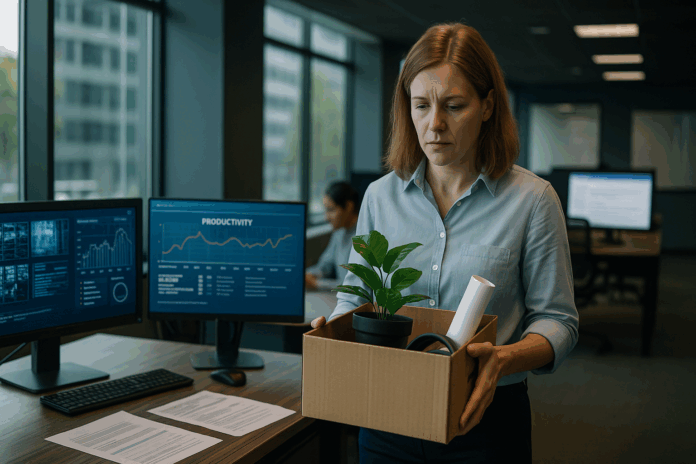 Mulher deixando o escritório com caixa de pertences nas mãos enquanto monitores exibem métricas de produtividade e vigilância, simbolizando demissões no Itaú e o dilema moderno entre monitoramento, autonomia e produtividade.