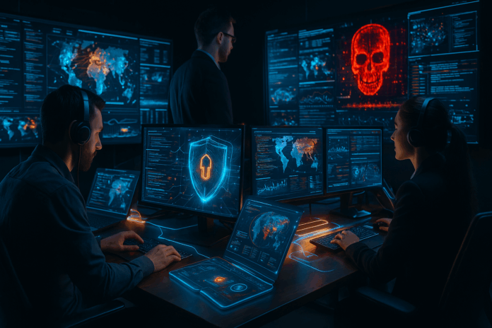 profissional de cibersegurança monitorando ameaças digitais
