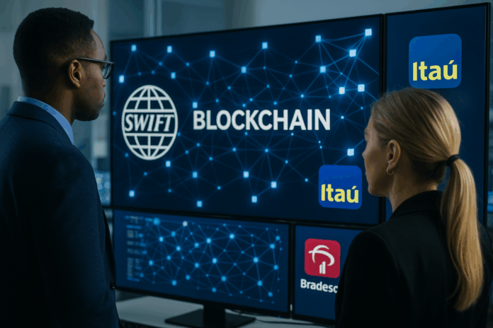 Profissionais em uma sala de controle analisando a rede SWIFT blockchain em telas digitais, com destaque para Bradesco e Itaú como participantes do projeto.