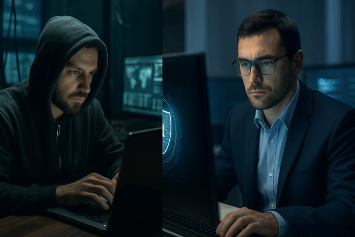 Representação de cibersegurança ofensiva vs. defensiva, com profissional hacker simulando ataque e especialista em defesa monitorando sistemas digitais