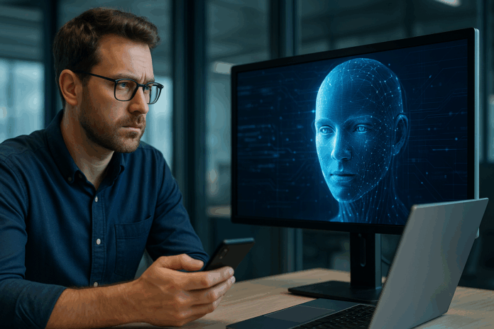 Profissional observando rosto digital de IA em monitor, simbolizando a reflexão sobre agentes de IA: hype ou estratégia real?