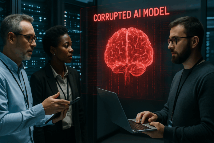 Especialistas em cibersegurança analisando holograma de cérebro digital em vermelho dentro de um data center, simbolizando governança de modelos de IA na cibersegurança e o risco dos algoritmos contaminados.