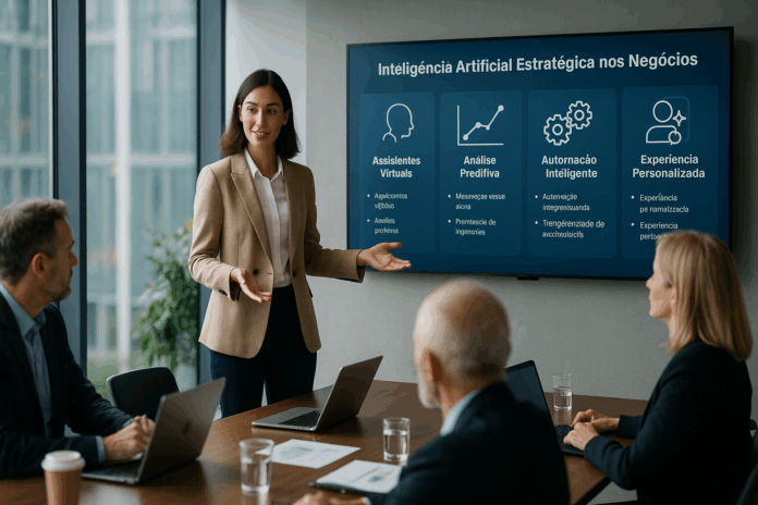 Inteligência artificial em reunião de negócios, com executivos acompanhando uma apresentação sobre automação inteligente, análise preditiva e estratégias corporativas.