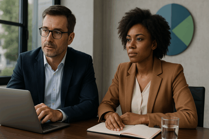 IA em reunião corporativa com executivos discutindo ESG e estratégias responsáveis em ambiente profissional.