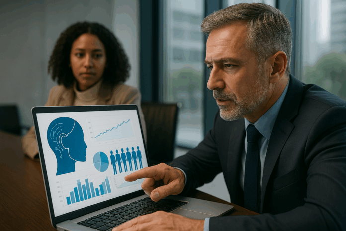 Executivos analisam gráficos de desempenho em laptop em um escritório moderno, simbolizando como CIOs comprovam ROI com IA em iniciativas de atendimento virtual e força de vendas digital.