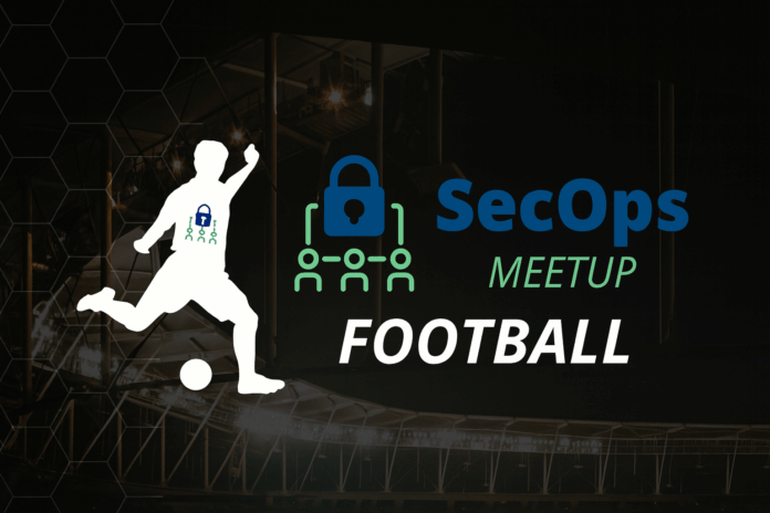 Football: Silhueta de jogador chutando bola ao lado do logotipo do SecOps Meetup Football, com ícone de cadeado e fundo de estádio iluminado à noite.