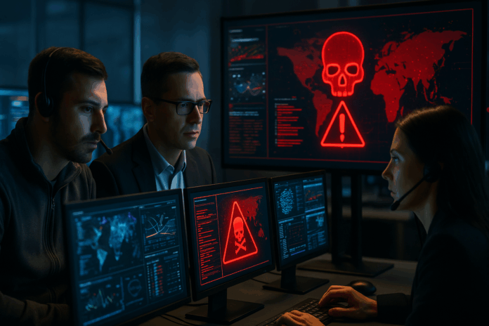 Profissionais de cibersegurança monitorando telas com alertas de ataques e falhas críticas em 2025, simbolizando a urgência em lidar com ameaças digitais.