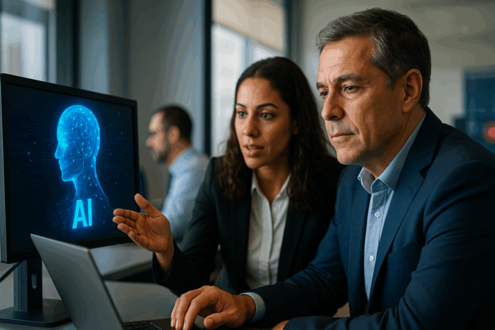 Profissionais brasileiros analisando holograma de IA em ambiente corporativo, simbolizando inteligência artificial nas empresas brasileiras e a separação entre hype e valor real.