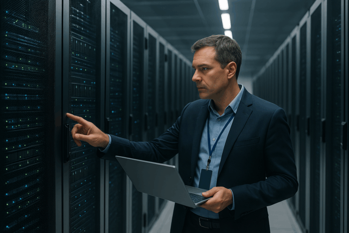 Profissional de TI em data center moderno inspecionando servidores, representando eficiência energética e governança no modelo One Stop Shop infraestrutura de TI.