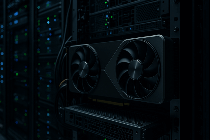 ataque GPUHammer em GPU instalada em rack de data center com ventilação ativa e luzes de servidores, representando risco para serviços em nuvem