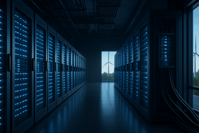 Imagem realista de data centers futuristas com servidores iluminados em azul e energia renovável ao fundo.