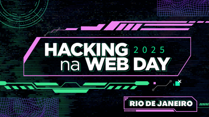 Hacking na Web Day 2025 no Rio de Janeiro com visual hacker em tons de verde, roxo e preto e elementos gráficos digitais futuristas.