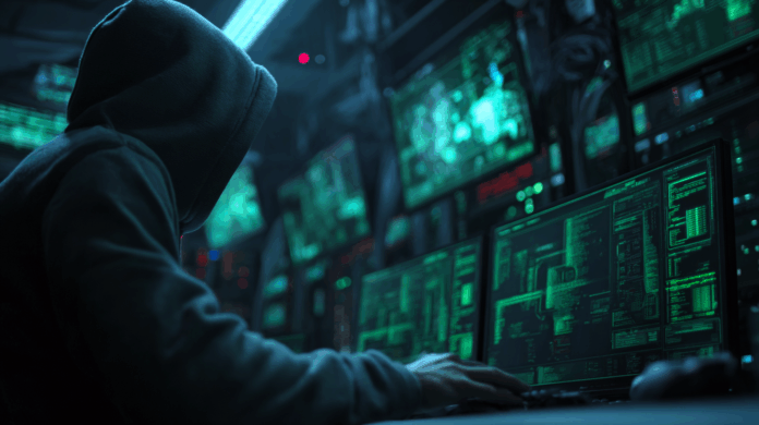 Ciberataque chinês representado por hacker em sala de servidores com monitores exibindo códigos