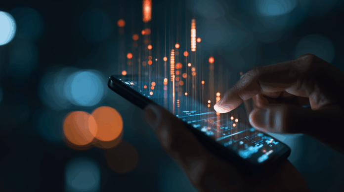 Uma pessoa interage com um tablet exibindo uma interface holográfica com ícones financeiros, como o símbolo do dólar, representando o impacto da transformação digital no setor financeiro.