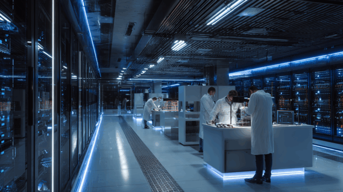 Computação quântica em laboratório futurista da startup IQM com engenheiros ajustando equipamentos criogênicos