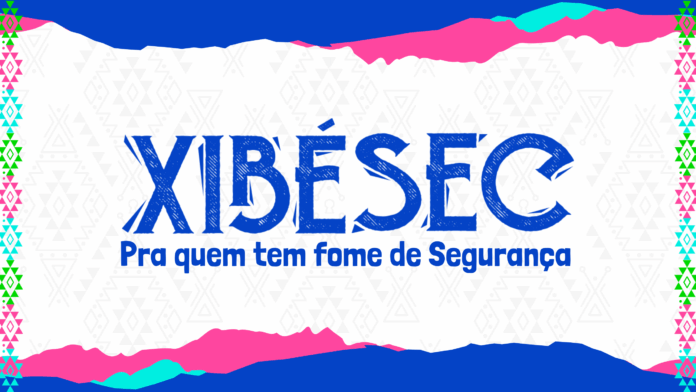 XibéSec: Arte gráfica com a frase “Para quem tem fome de Segurança” em azul, acompanhada de padrões tribais coloridos nas bordas laterais.